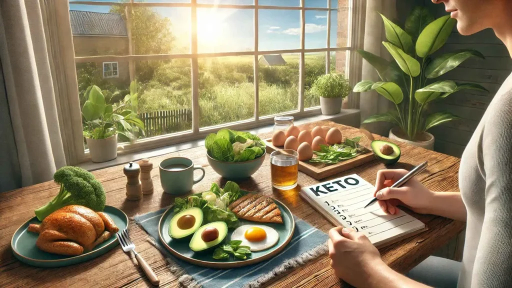 Kitchen table with a healthy keto meal, including avocado, eggs, and leafy greens, and a person taking notes about common keto concerns under bright morning light