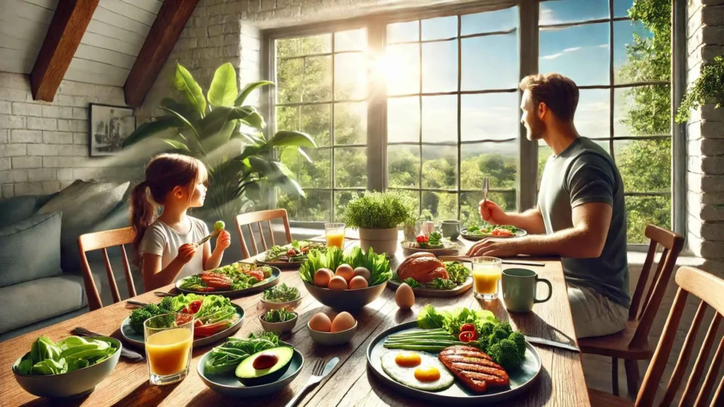 Family enjoying a healthy keto meal at a dining table under bright natural morning light with a white and blue sky