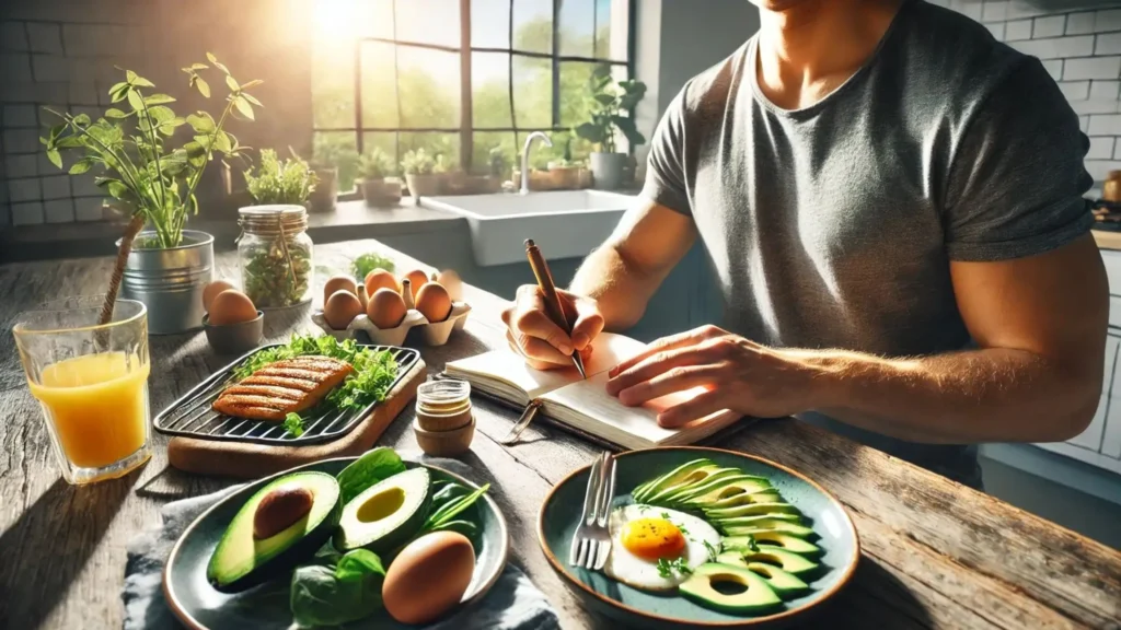 taking notes at a kitchen table with a healthy keto meal under natural morning light