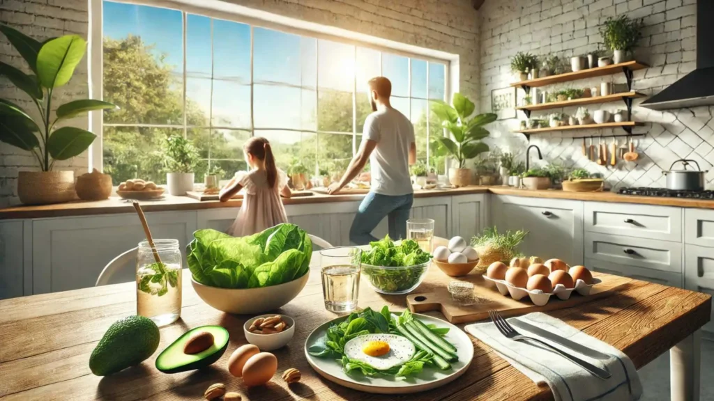 Kitchen table with a healthy keto meal, including avocado, eggs, and leafy greens, with a parent planning meals under bright morning light