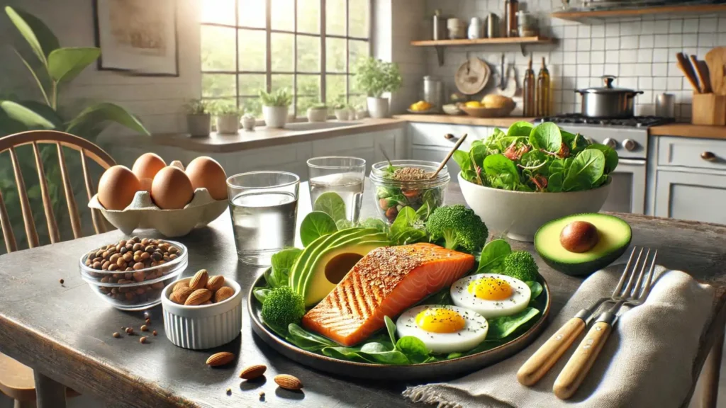 Healthy keto meal with grilled salmon, avocado, eggs, leafy greens, and nuts on a table in natural morning light.