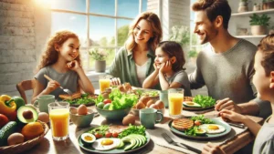 Why healthy keto works: Family enjoying a cozy keto breakfast with avocado, eggs, and leafy greens on a sunny morning