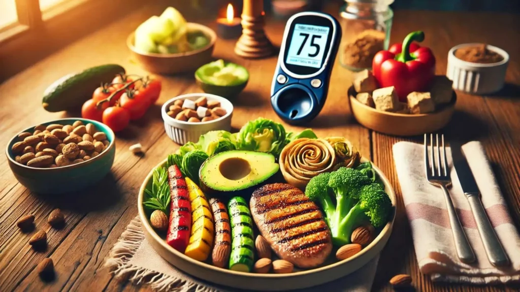 Healthy ketogenic meal with vibrant vegetables, avocado, grilled meat, and a small serving of mixed berries on a cozy wooden table. A glucose monitor displaying the number 75 symbolizes balanced blood sugar, supporting the focus on managing diabetes with a keto diet