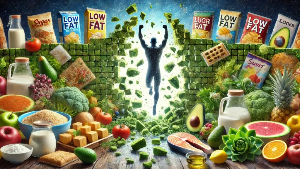 A symbolic depiction of breaking free from food myths, showing a figure smashing through a wall of misleading diet foods into a vibrant, healthy scene