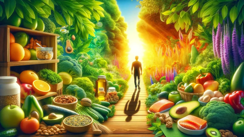 Embracing the Change - A person walking on a natural path surrounded by fresh keto foods like avocados, salmon, nuts, leafy greens, and vibrant greenery