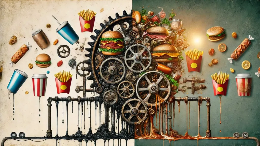 Everything Stopped Working - A symbolic representation of a broken mechanical system jammed by junk food, depicting the impact of unhealthy eating on stagnation and failure