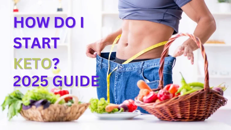 A fit person measuring their waist with a tape, holding oversized jeans, surrounded by fresh vegetables and healthy food. Text overlay reads 'How Do I Start Keto? 2025 Guide' in bold colors