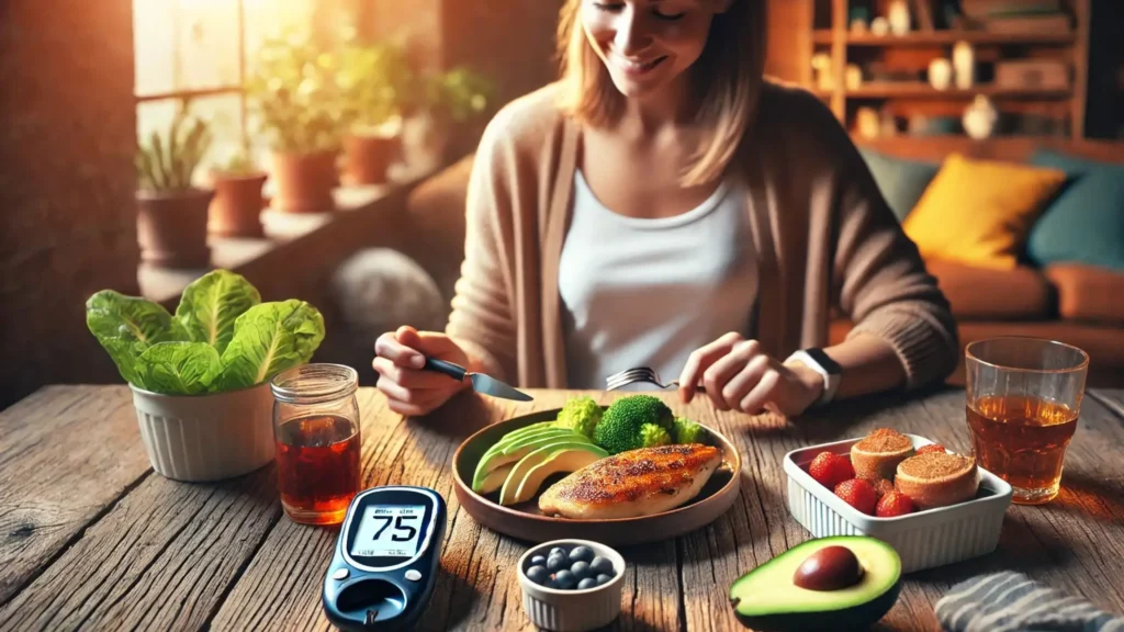 A person enjoying a balanced ketogenic meal at a cozy wooden table with fresh vegetables, avocado, grilled chicken, and a small bowl of berries. The background features soft natural light and a glucose monitor displaying the number 75, symbolizing stable blood sugar levels