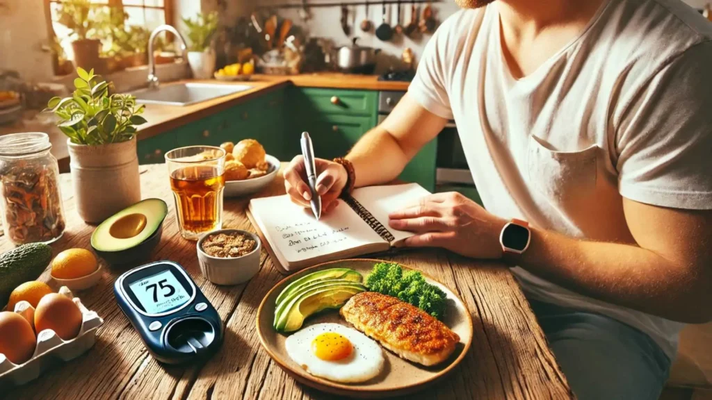 A person sitting at a cozy kitchen table, checking a glucose monitor displaying 75 while enjoying a keto-friendly meal of avocado, grilled chicken, eggs, and vegetables. The setting emphasizes managing blood sugar through a healthy ketogenic diet