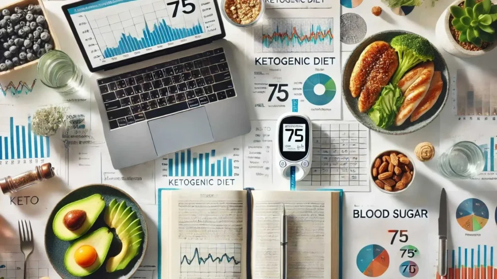 A clean, research-focused workspace with open journals, a laptop showing blood sugar charts, and a keto-friendly meal of avocado, grilled chicken, and nuts. The minimal and professional setup highlights key scientific research on the ketogenic diet and diabetes