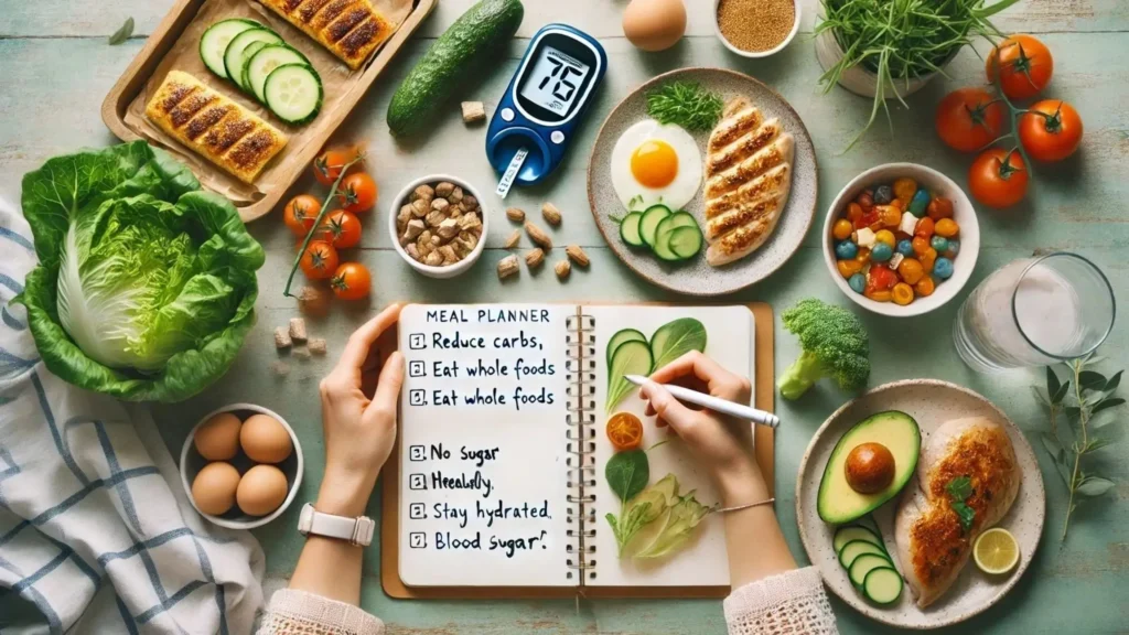 A person preparing a keto-friendly meal with healthy ingredients like fresh vegetables, avocado, eggs, grilled chicken, and nuts. The meal planner notebook shows practical tips such as “Healthy, eat whole foods, and stay hydrated.” A glucose monitor displaying 75 highlights balanced blood sugar