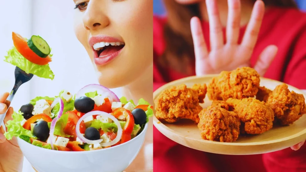 A side-by-side comparison of healthy and unhealthy food choices. On the left, a woman enjoys a fresh salad filled with vegetables, feta cheese, and olives. On the right, a person rejects a plate of fried chicken, symbolizing the decision to avoid unhealthy foods while following a keto diet.